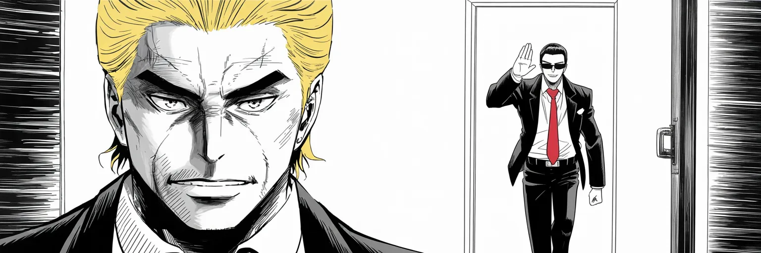 Manga panel 5 of 5, Week 110 “Beleaguered”: While the king broods on senators who owe him their seats, a grinning money-man saunters into the palace. He will last eleven days.