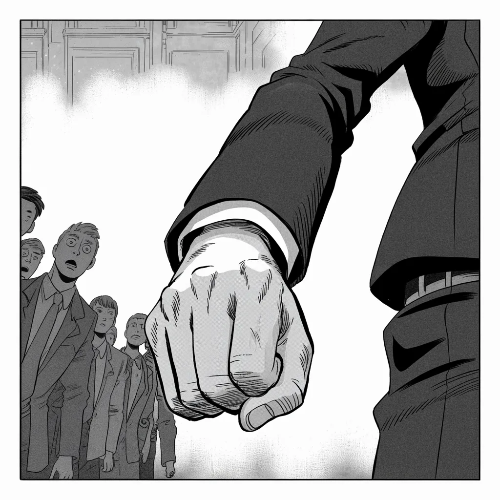 Manga panel 2 of 5, Week 111 “Thumbs Down”: Two in the morning, July 28: one arm extends into the light, and the thumb turns down. Seven years of promises die in a single gesture.