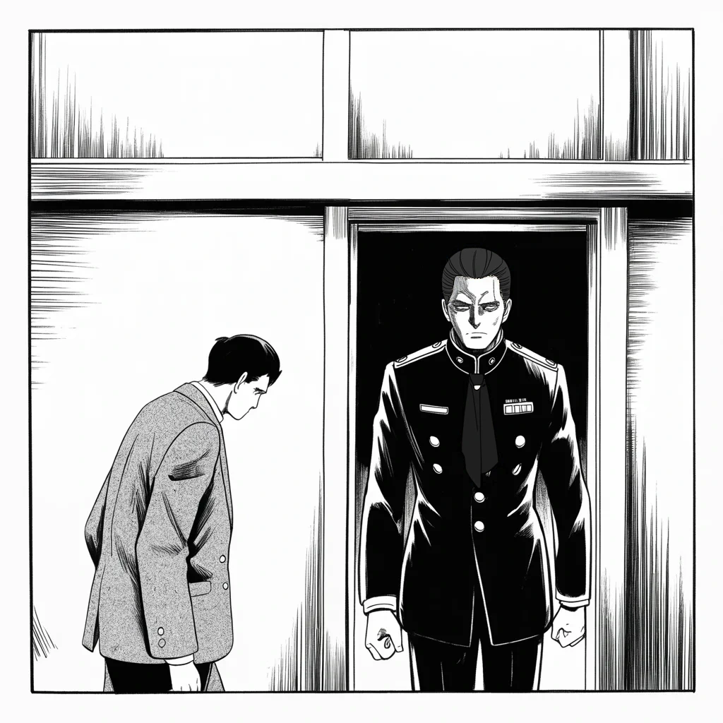 Manga panel 4 of 5, Week 111 “Thumbs Down”: The same night the repeal dies, the palace guard changes: a general takes the chief's door, and the round-faced party man goes out through it.
