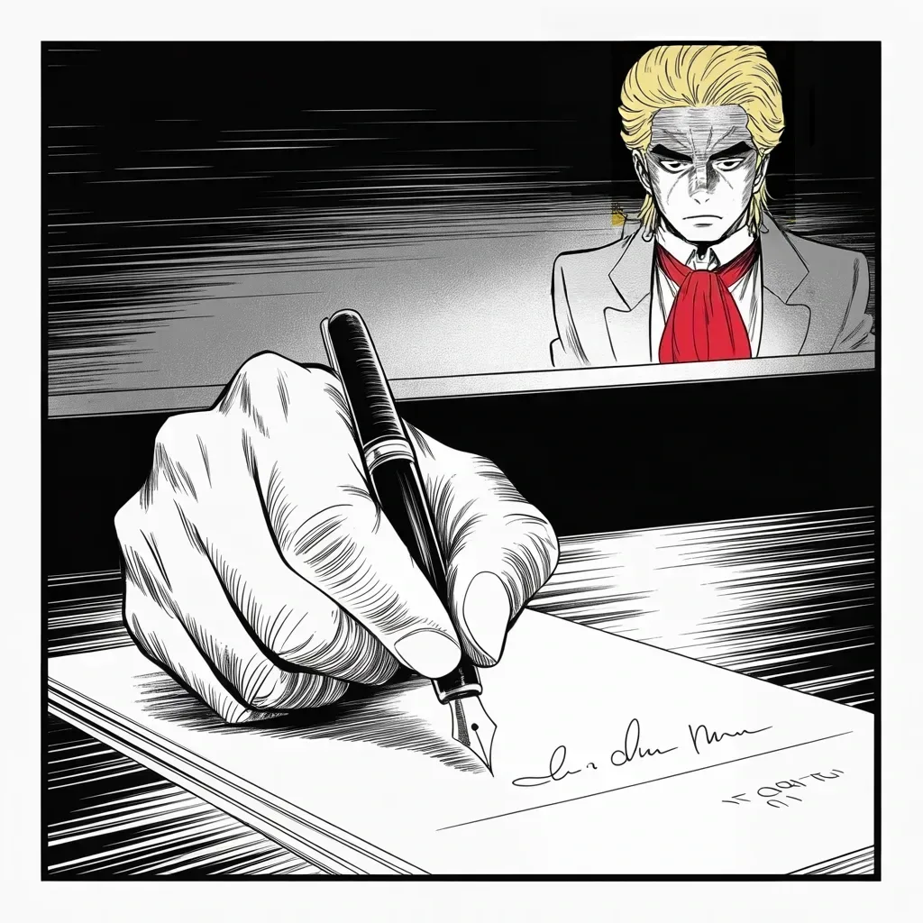 Manga panel 2 of 5, Week 112 “The Quiet Week”: Congress forces the sanctions bill on the northern kingdom to his desk with veto-proof numbers, and he signs it like a man breaking his own sword.