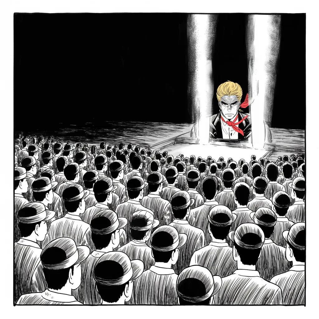 Manga panel 3 of 5, Week 112 “The Quiet Week”: Hemmed in by the capital, he goes back to the hills that love him, and the mountain crowd roars the quiet week away.