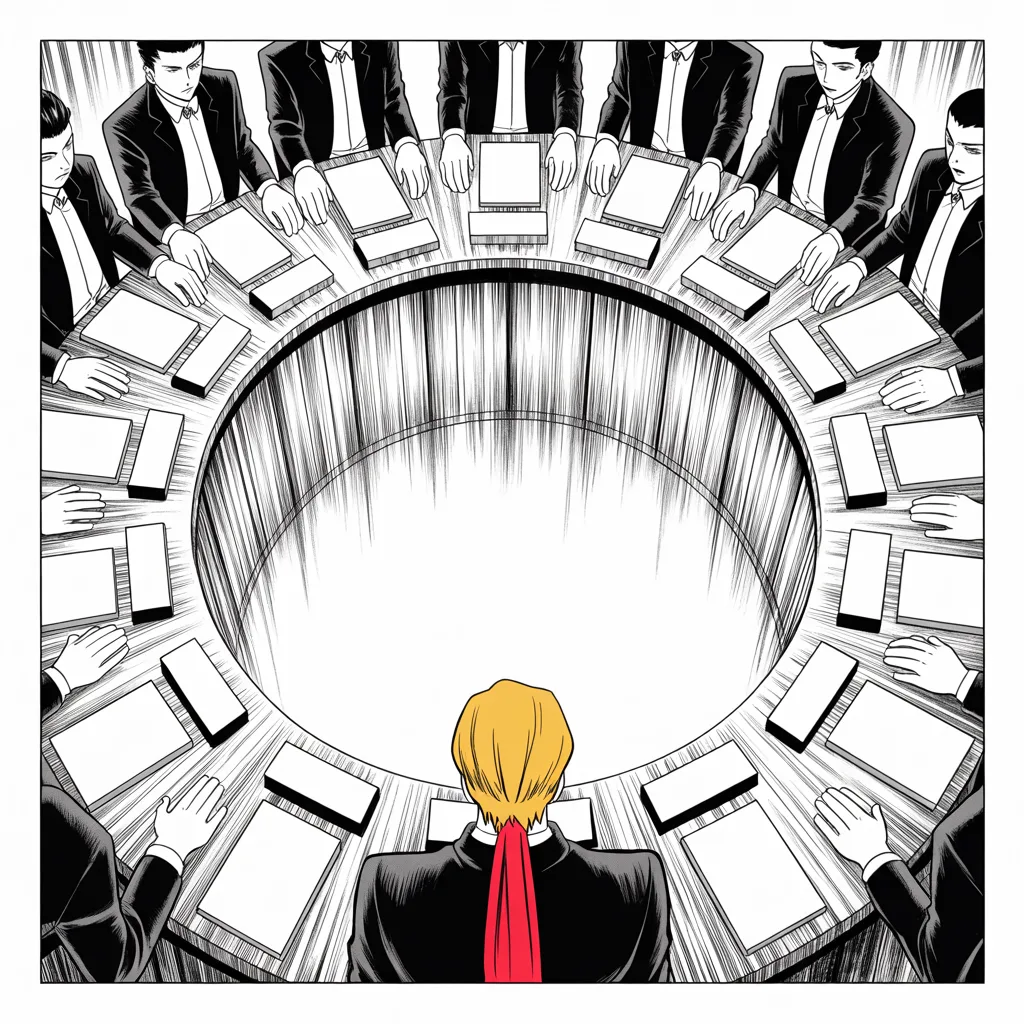 Manga panel 4 of 5, Week 112 “The Quiet Week”: Fifteen hands rise around the world council's horseshoe — even the northern kingdom's — and the hermit kingdom's missiles get their bill.