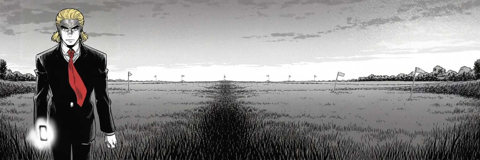 Manga panel 5 of 5, Week 112 “The Quiet Week”: Alone on the summer estate's vast lawn, phone in hand, he insists it is not a vacation — while to the south, torches are being ordered by the gross.