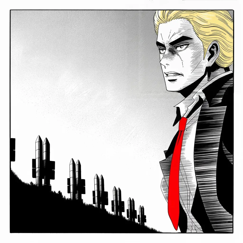 Manga panel 3 of 5, Week 113 “The Torches”: Locked and loaded: he watches from the ridge as launcher tubes angle skyward at dawn, waiting on a young king across the sea to choose his path.