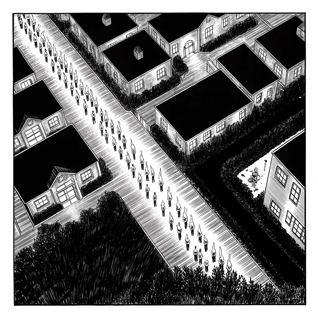 Manga panel 4 of 5, Week 113 “The Torches”: Torchlight crosses a Virginia college town in the dark. By Saturday a young woman is dead, and the country waits for its king to name the evil.