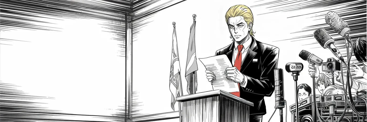 Manga panel 5 of 5, Week 113 “The Torches”: Reading from the podium, he condemns hate on many sides — words that satisfy no one. In three days, in his gold tower, he will go much further.