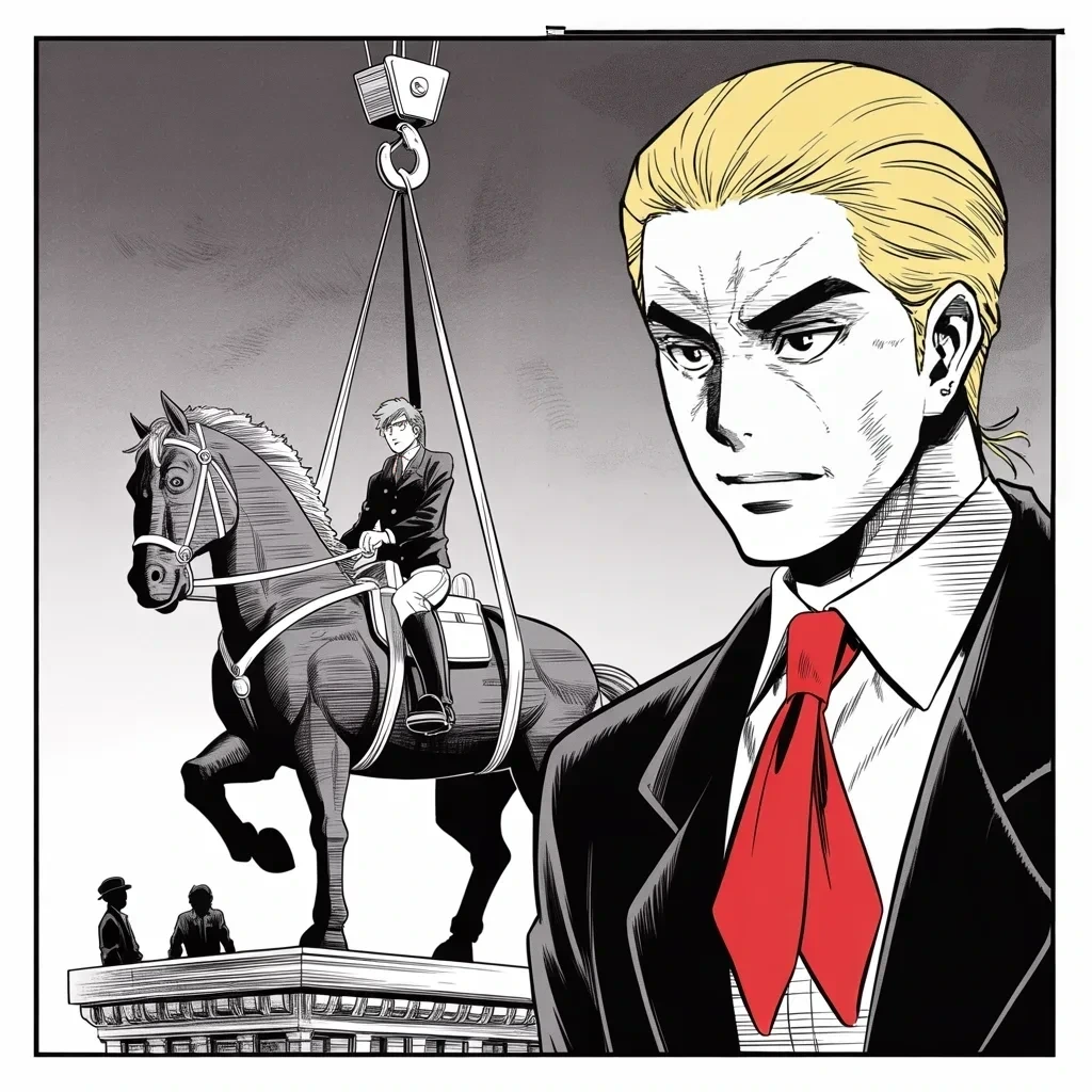 Manga panel 2 of 5, Week 114 “Both Sides”: A bronze general swings in the straps of a crane at dusk as he looks on, mourning the statues as history torn apart and asking who will be next.