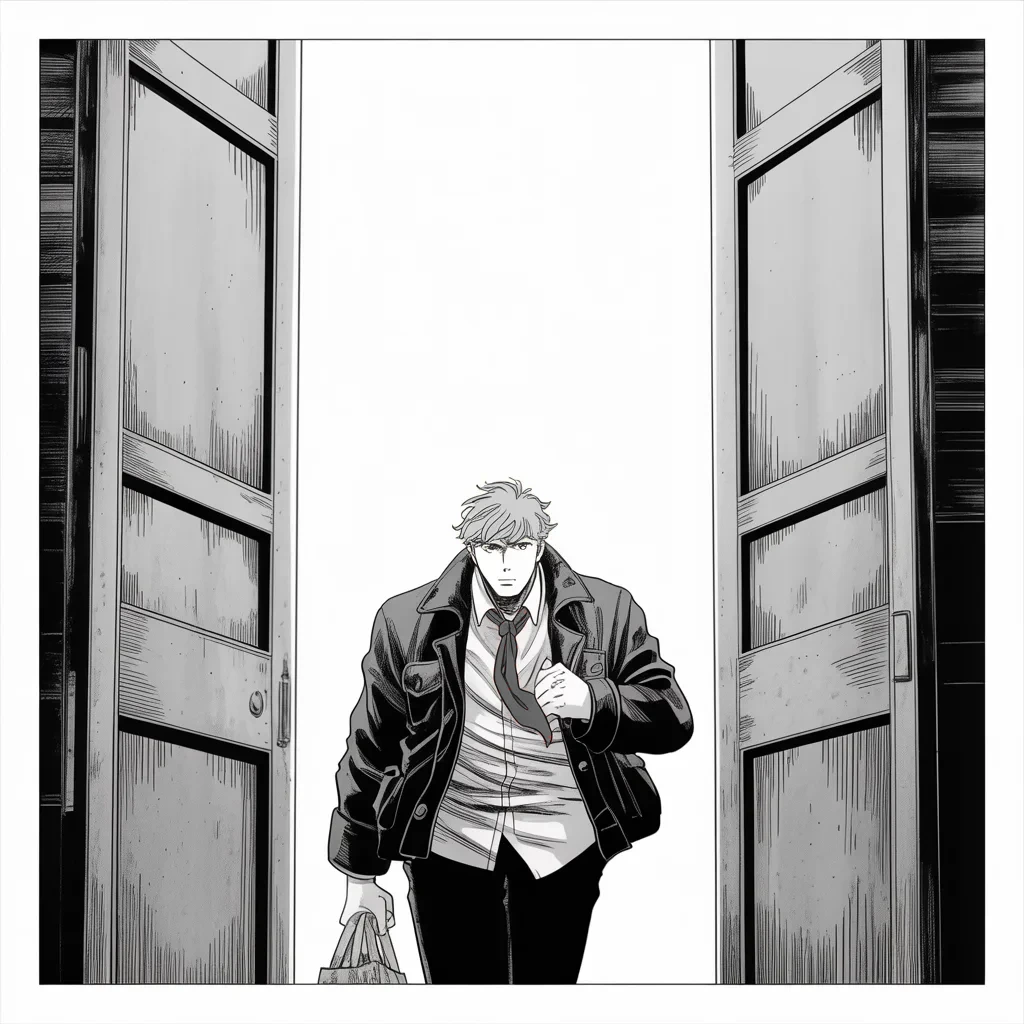 Manga panel 3 of 5, Week 114 “Both Sides”: The war strategist walks out of the gold tower carrying nothing. The king thanks him warmly from the phone — and the door shuts.