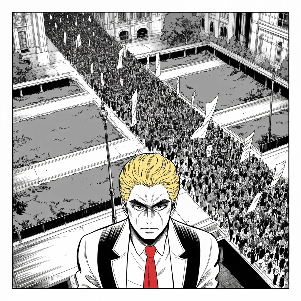 Manga panel 4 of 5, Week 114 “Both Sides”: Forty thousand march against hate across the common at his back. From the palace he applauds the protestors — this week, protest is healing.