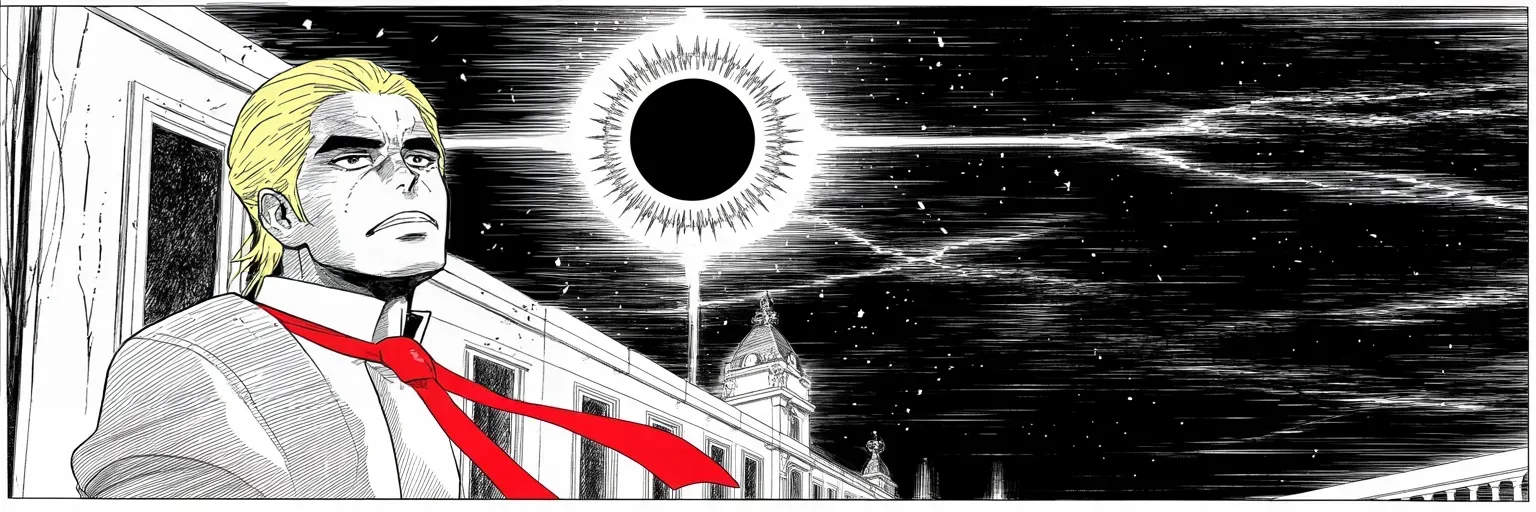 Manga panel 5 of 5, Week 114 “Both Sides”: On the week's last day the moon devours the sun. From the palace balcony he looks straight into it with bare eyes, against every warning.