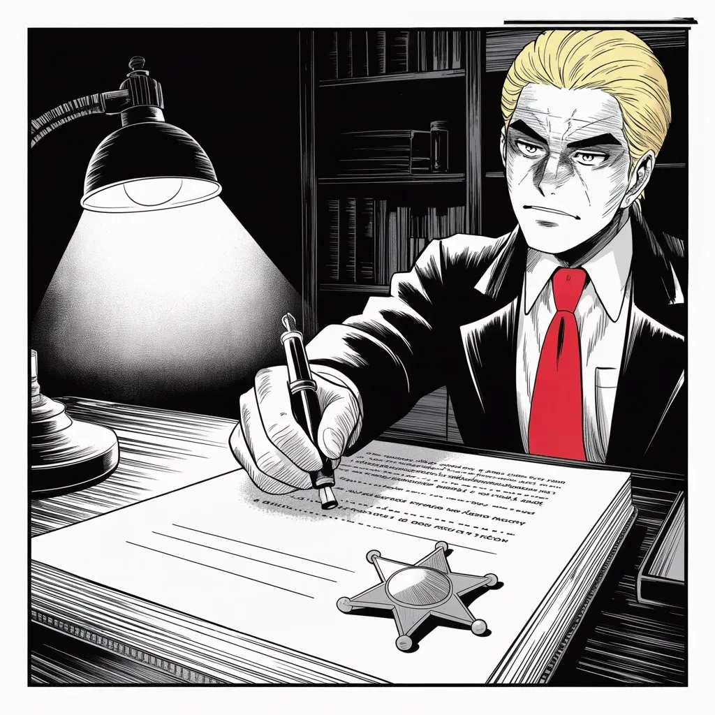 Manga panel 2 of 5, Week 115 “The Gathering Storm”: Deep in the night, under one lamp, the pen grants an old desert sheriff a full pardon — the first of the reign, given like a king's favor.