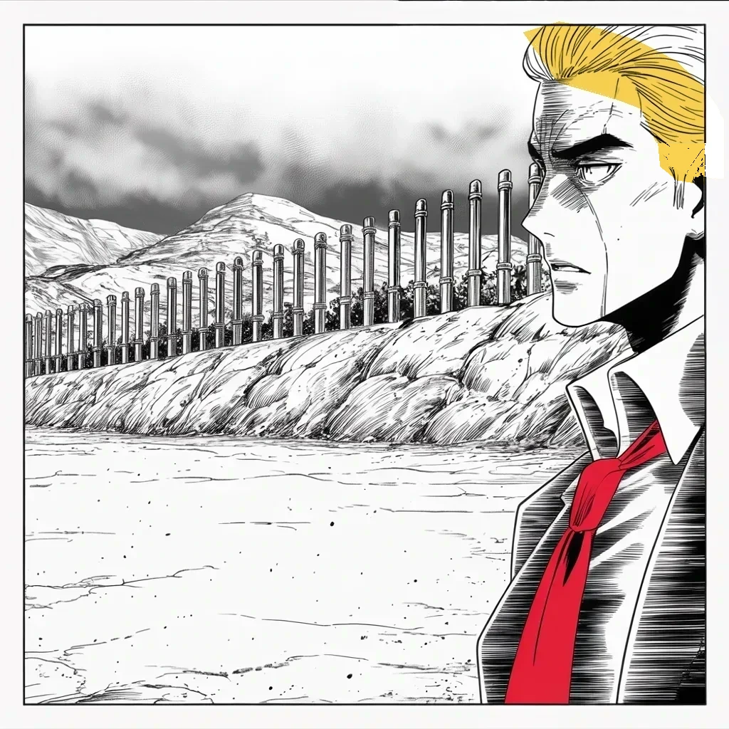 Manga panel 3 of 5, Week 115 “The Gathering Storm”: The wall again: steel bollards march across the borderlands as he vows the neighbor kingdom will pay for every mile, one way or another.