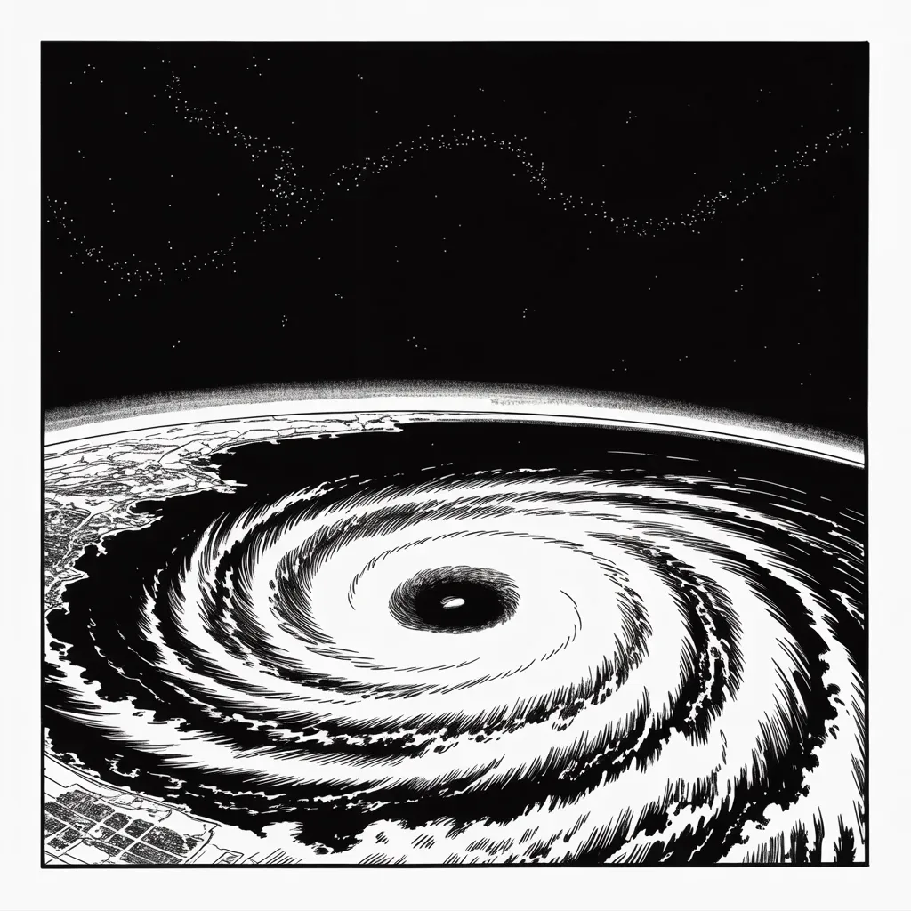 Manga panel 4 of 5, Week 115 “The Gathering Storm”: From orbit the storm is a white galaxy with a black eye, swelling bigger than anyone projected, and it is turning toward Texas.