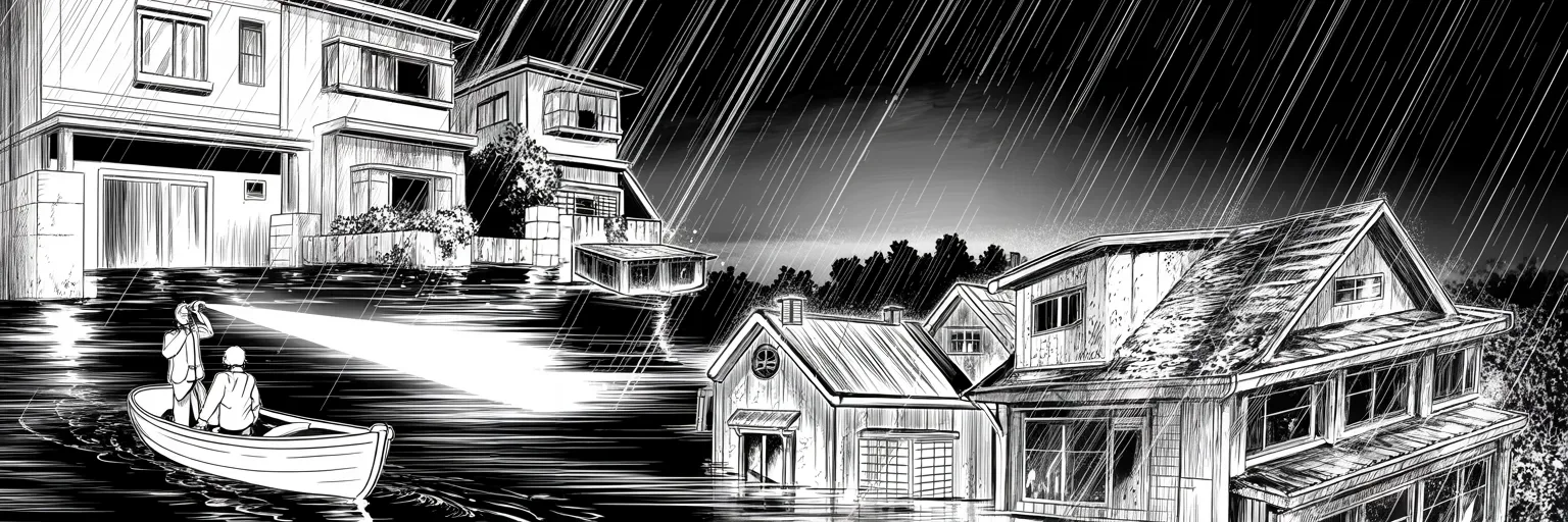 Manga panel 5 of 5, Week 115 “The Gathering Storm”: By the week's end the rain has no precedent in the records: streets become rivers, boats work the rooflines, and the water is still rising.