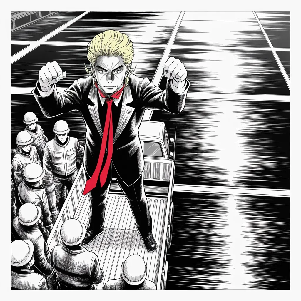 Manga panel 2 of 5, Week 116 “High Water”: Up on a truck bed among the rescuers he raises both fists and vows Texas will be rebuilt — today, tomorrow, and every single day after.