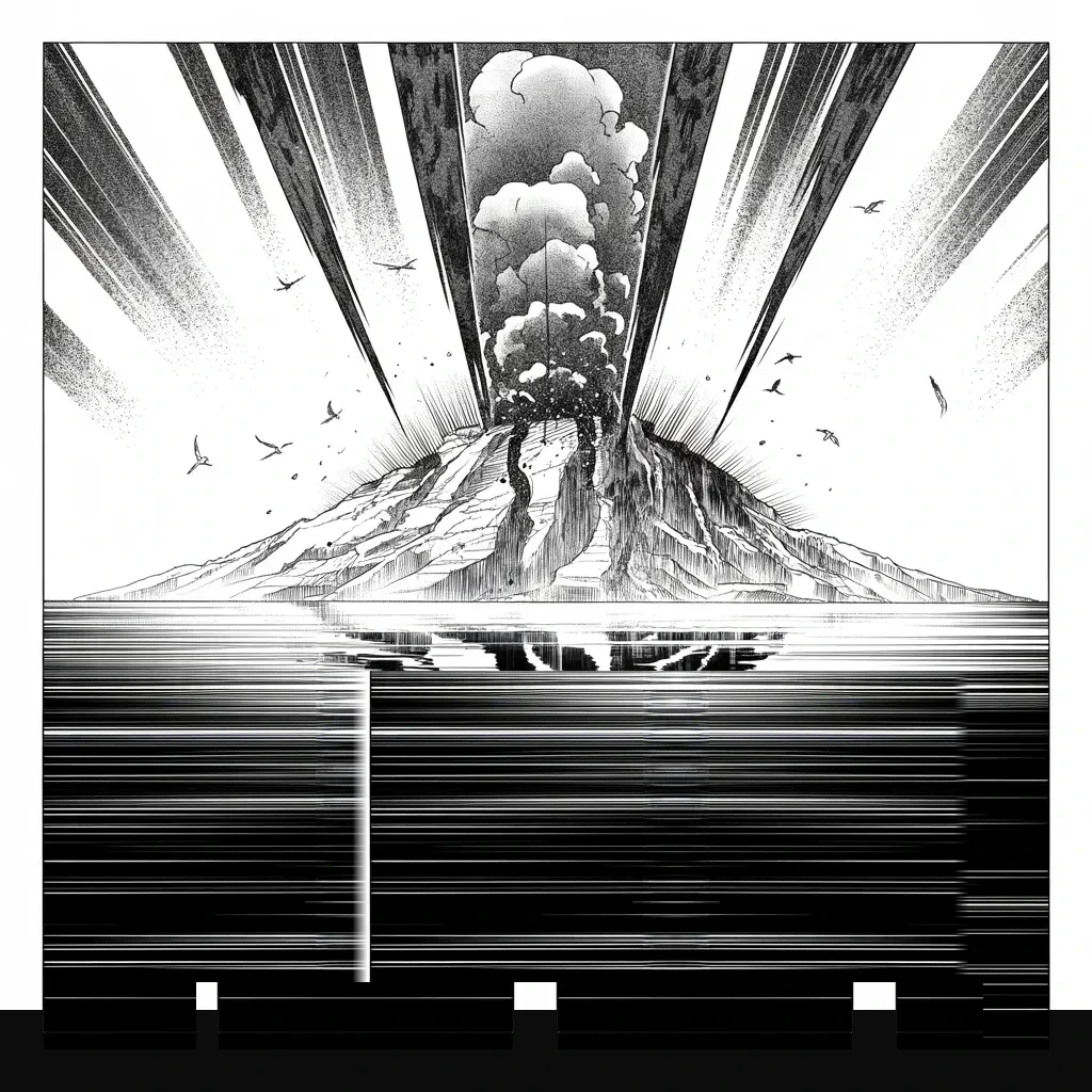 Manga panel 4 of 5, Week 116 “High Water”: Across the sea a mountain shudders and exhales dust: the hermit kingdom detonates its sixth and greatest bomb beneath the rock.