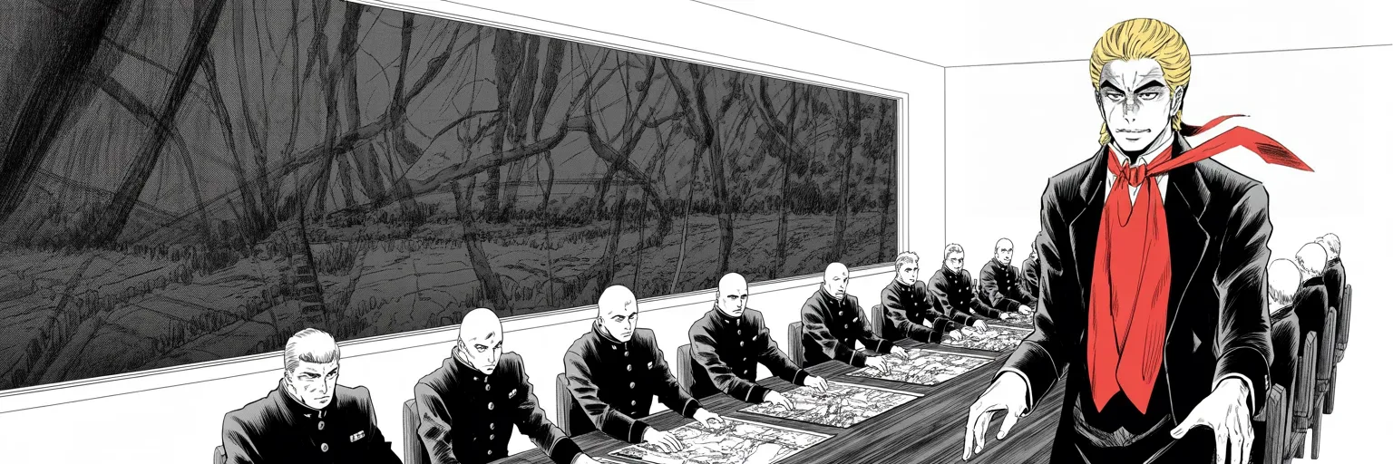 Manga panel 5 of 5, Week 116 “High Water”: Sunday: maps spread in the war room, the generals summoned, and every option on the long dark table — including stopping all trade with anyone who feeds the hermit kingdom.
