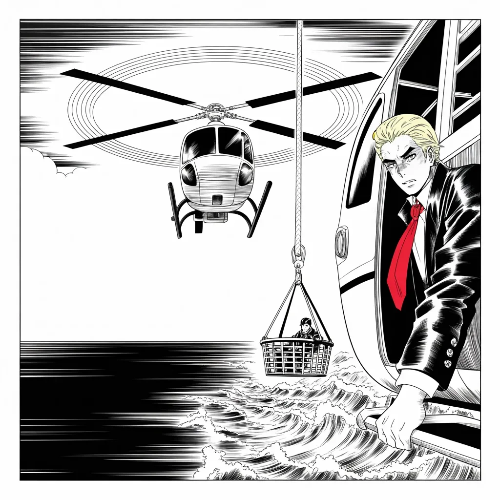 Manga panel 4 of 5, Week 117 “The Second Storm”: From an aircraft doorway he watches the coast guard hang from the storm on a steel thread: fifteen thousand pulled from the last flood, a tougher storm now inbound.