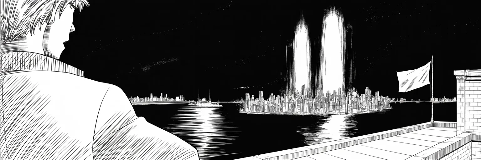 Manga panel 5 of 5, Week 117 “The Second Storm”: Sixteen years on, the towers of light stand where the towers stood, a lone mourner watching from a rooftop. For one night, even the feed goes quiet.