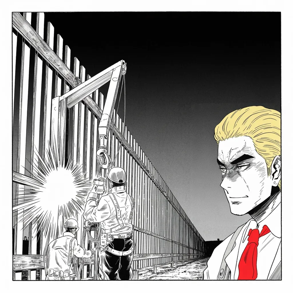 Manga panel 3 of 5, Week 118 “The Nickname”: He watches sparks fly on the old border fences at dusk — renovation recast as the great wall already rising, panel by panel.