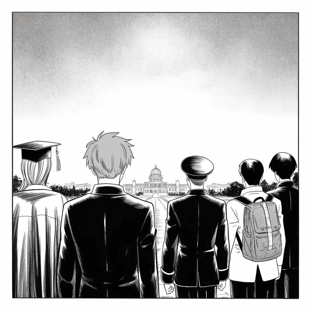 Manga panel 4 of 5, Week 118 “The Nickname”: The dreamers stand at dawn facing the far dome that holds their fate, and for once the phone speaks softly about them.