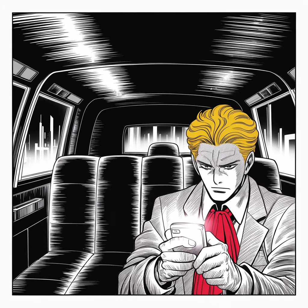Manga panel 2 of 5, Week 119 “The Anthem”: Three in the morning, a dark car, a glowing screen: the hermit kingdom's envoy spoke at the assembly, and the answer is a death sentence in a sentence.