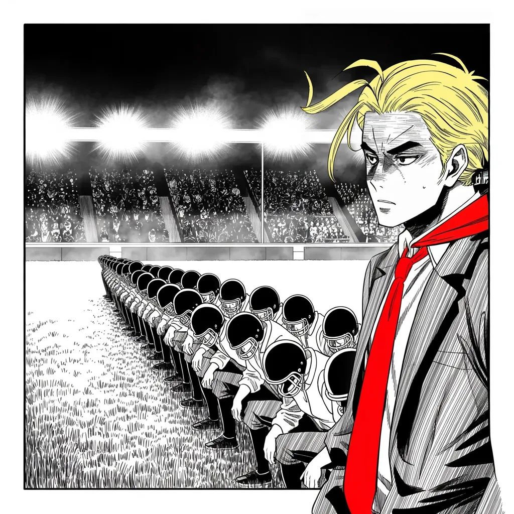 Manga panel 4 of 5, Week 119 “The Anthem”: Across the league the players answer him on one knee, shoulder to shoulder down the sideline, and he turns his back on them as the stadiums split into two roaring camps.