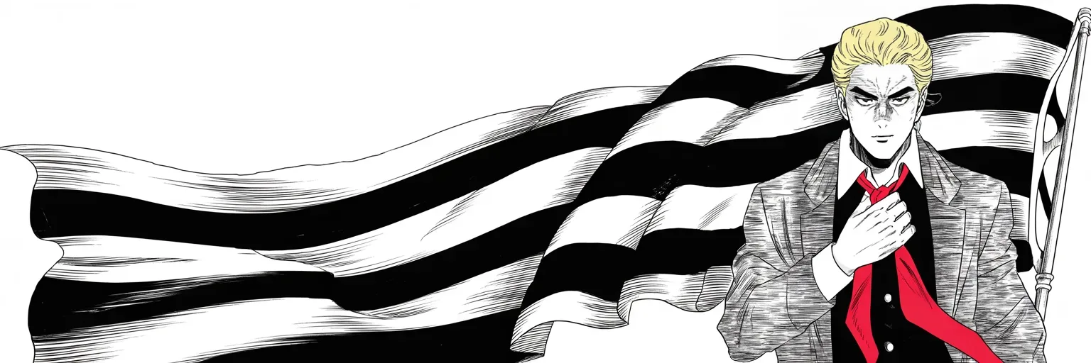 Manga panel 5 of 5, Week 119 “The Anthem”: He plants himself beneath a flag the size of a stormfront and gives the war its hashtag. The leagues kneel; he stands; neither side will blink first.