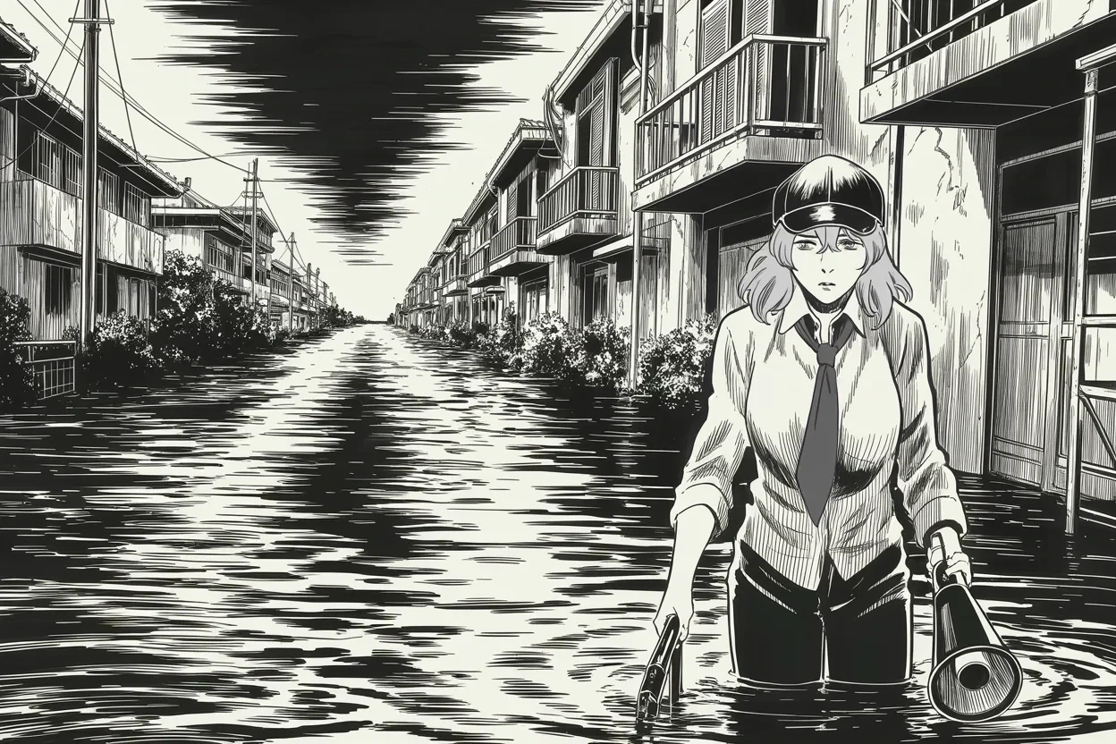 Manga panel 2 of 4, Week 120 “The Darkest Night”: The drowned city's mayor wades her streets begging for help, and the answer from the mainland arrives as a scolding about complaints.