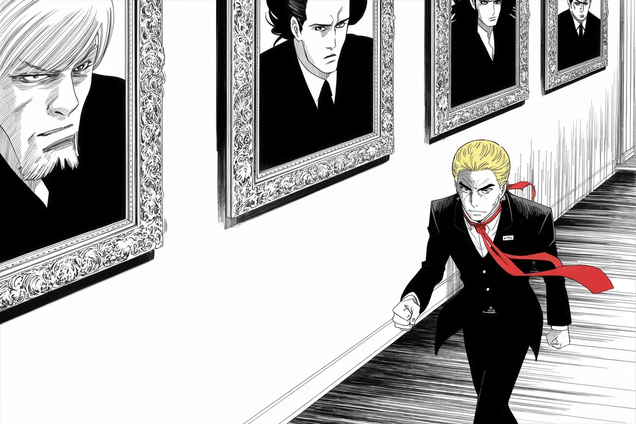 Manga panel 3 of 4, Week 120 “The Darkest Night”: Past the shadowed portraits of three predecessors he walks with fists balled: they all failed the hermit kingdom test, and he will not.