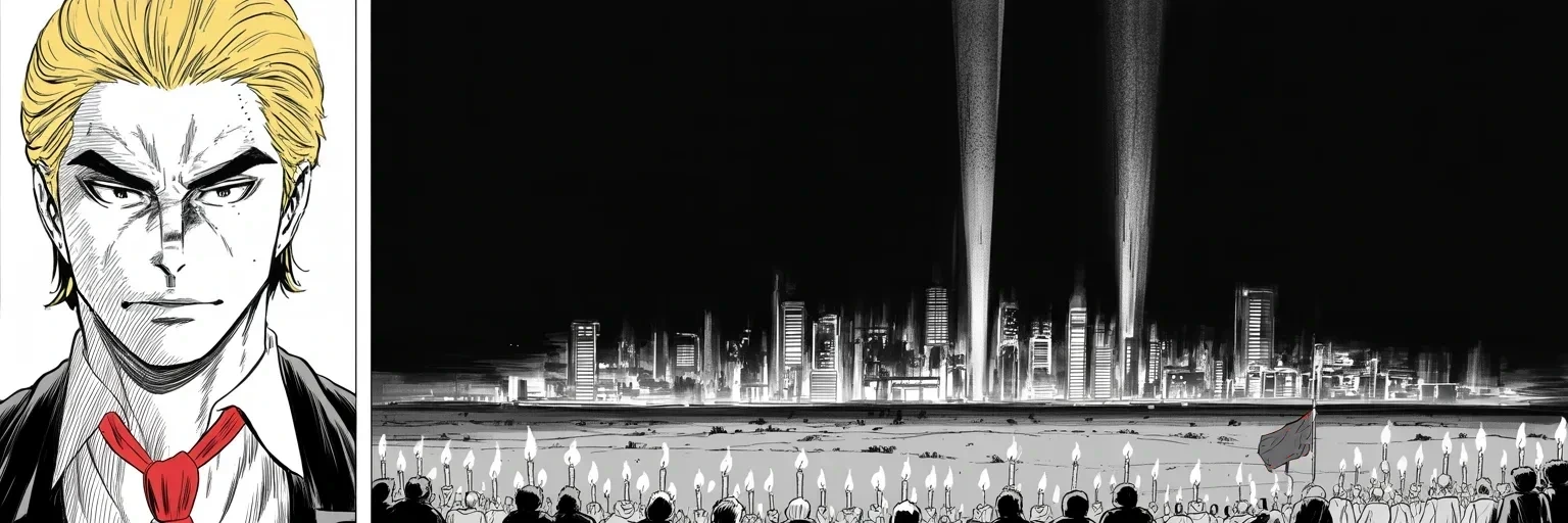 Manga panel 4 of 4, Week 120 “The Darkest Night”: On the week's last night, gunfire from a high hotel window turns a music festival into the worst massacre in modern American memory. Fifty-eight lights go out, and he stares hollow-eyed as a city of neon stands dim under candlelight.