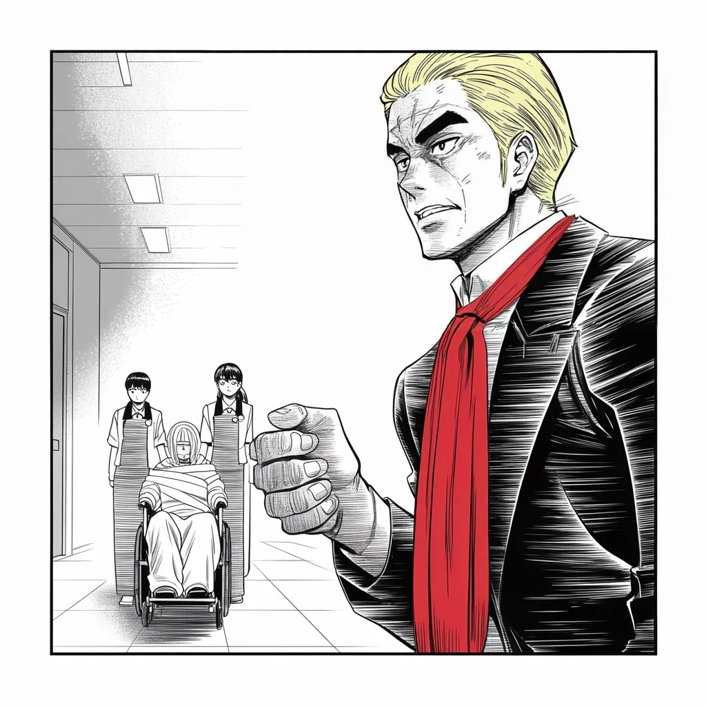 Manga panel 2 of 5, Week 121 “Only One Thing”: In the desert city's hospital he goes bed to bed among the survivors of the massacre — police, doctors, the wounded — and calls them unforgettable.