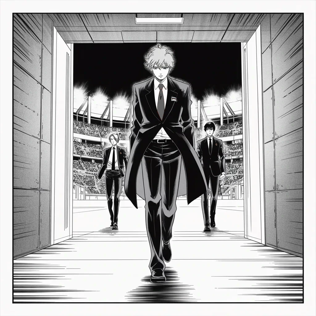 Manga panel 3 of 5, Week 121 “Only One Thing”: The loyal second walks out of the football stadium on cue the moment the players kneel — a protest of a protest, staged to the minute.