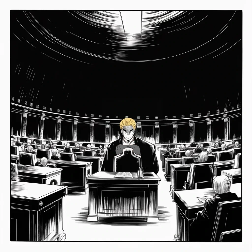 Manga panel 4 of 5, Week 121 “Only One Thing”: A retiring senator of his own party turns on him openly now, and he looms over the empty desk in the dark chamber with an answer of contempt: a mocking tally of one deal.