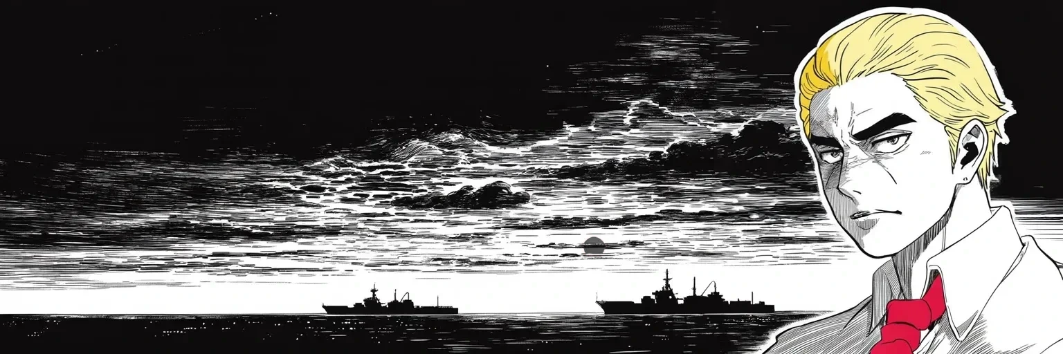 Manga panel 5 of 5, Week 121 “Only One Thing”: Twenty-five years of talk, he says, made fools of every negotiator. Sorry, but only one thing will work — and he watches the fleet turn its bows west.