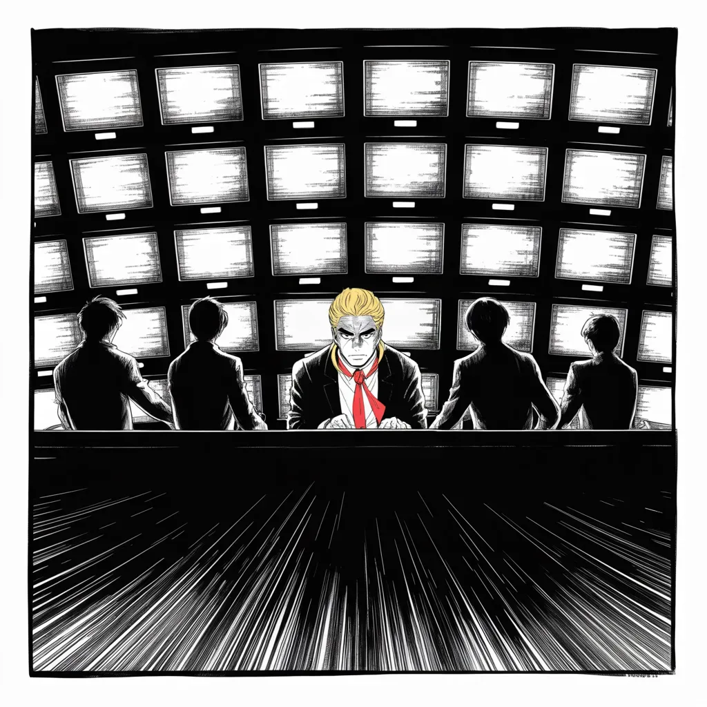 Manga panel 2 of 5, Week 122 “I Hope So”: After midnight the threat lands on the newsrooms themselves: licenses challenged, and revoked if it comes to that.