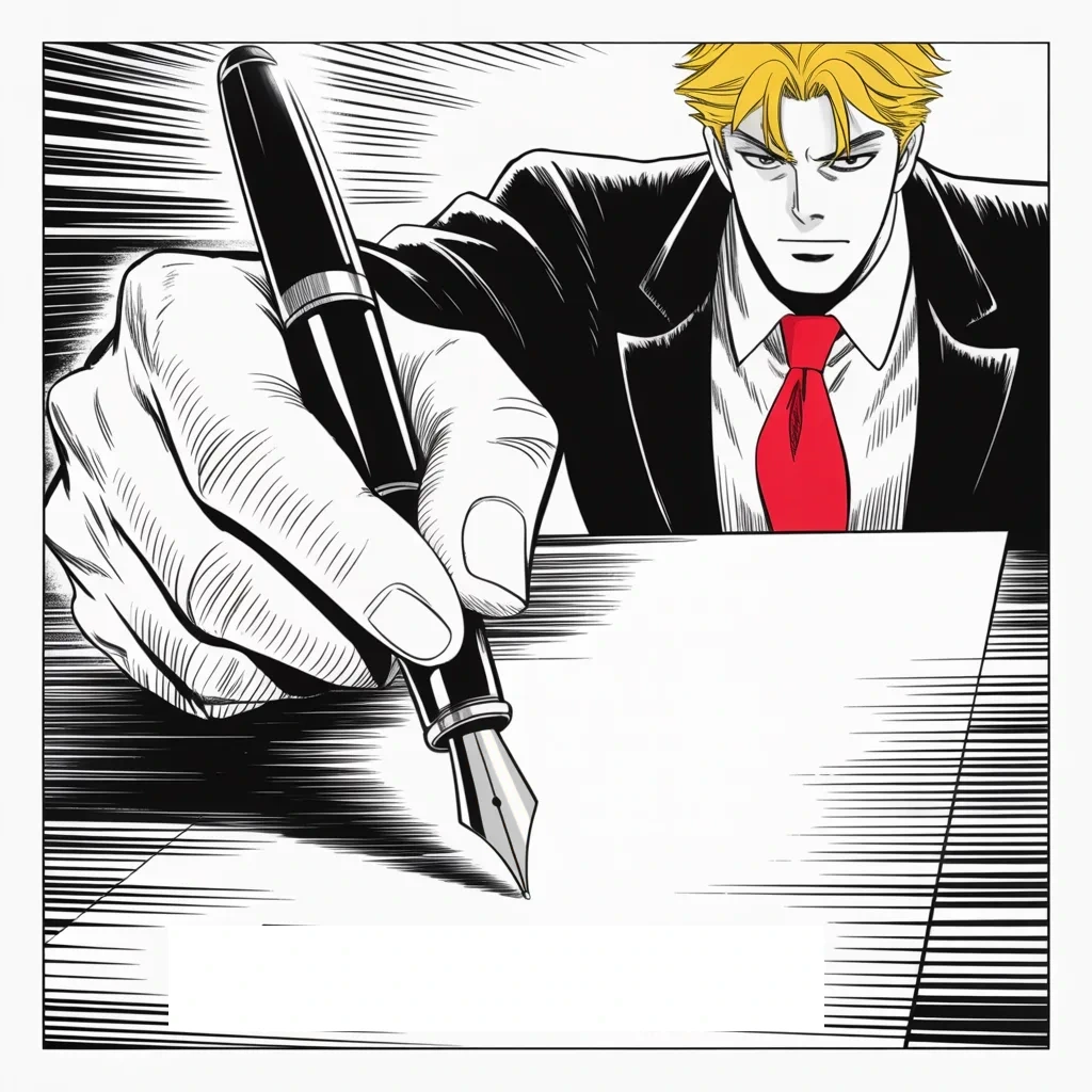 Manga panel 3 of 5, Week 122 “I Hope So”: The lawmakers having failed him on healthcare, he draws the pen like a sword and signs his own order across their silence.