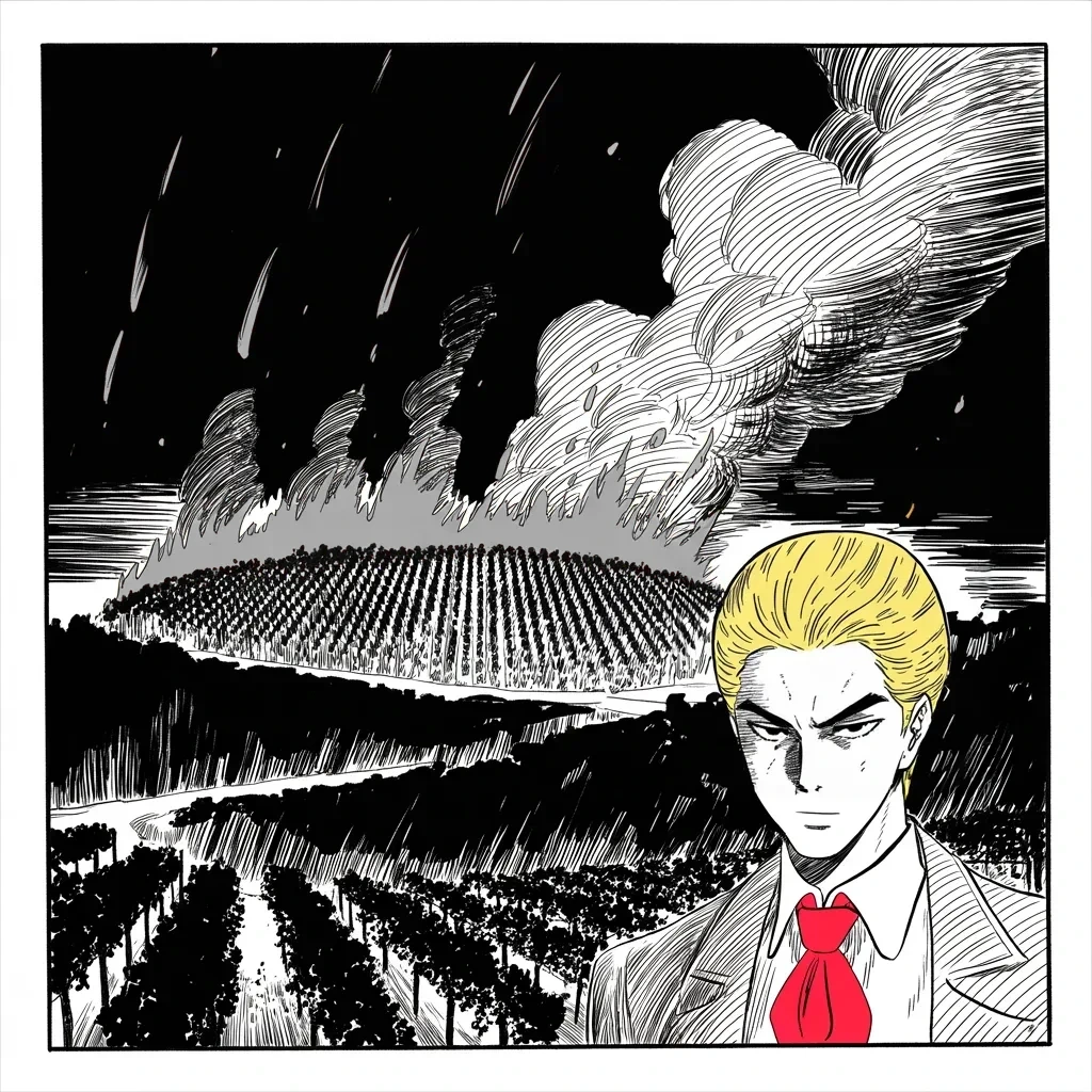 Manga panel 4 of 5, Week 122 “I Hope So”: Far to the west, wine country burns all week — whole neighborhoods to ash in a night. The chronicle marks the dead; the feed barely pauses.