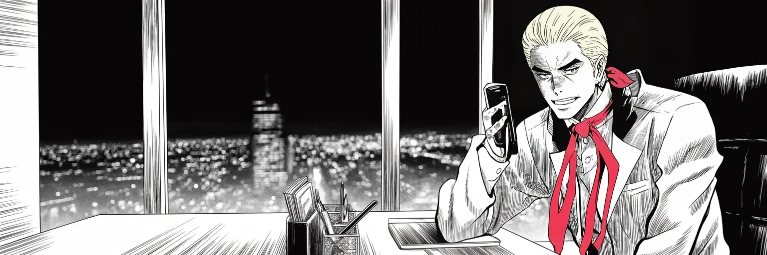Manga panel 5 of 5, Week 122 “I Hope So”: Asked if his defeated rival might run again in three years, he grins at the glowing screen and prays for a rematch: I hope so.