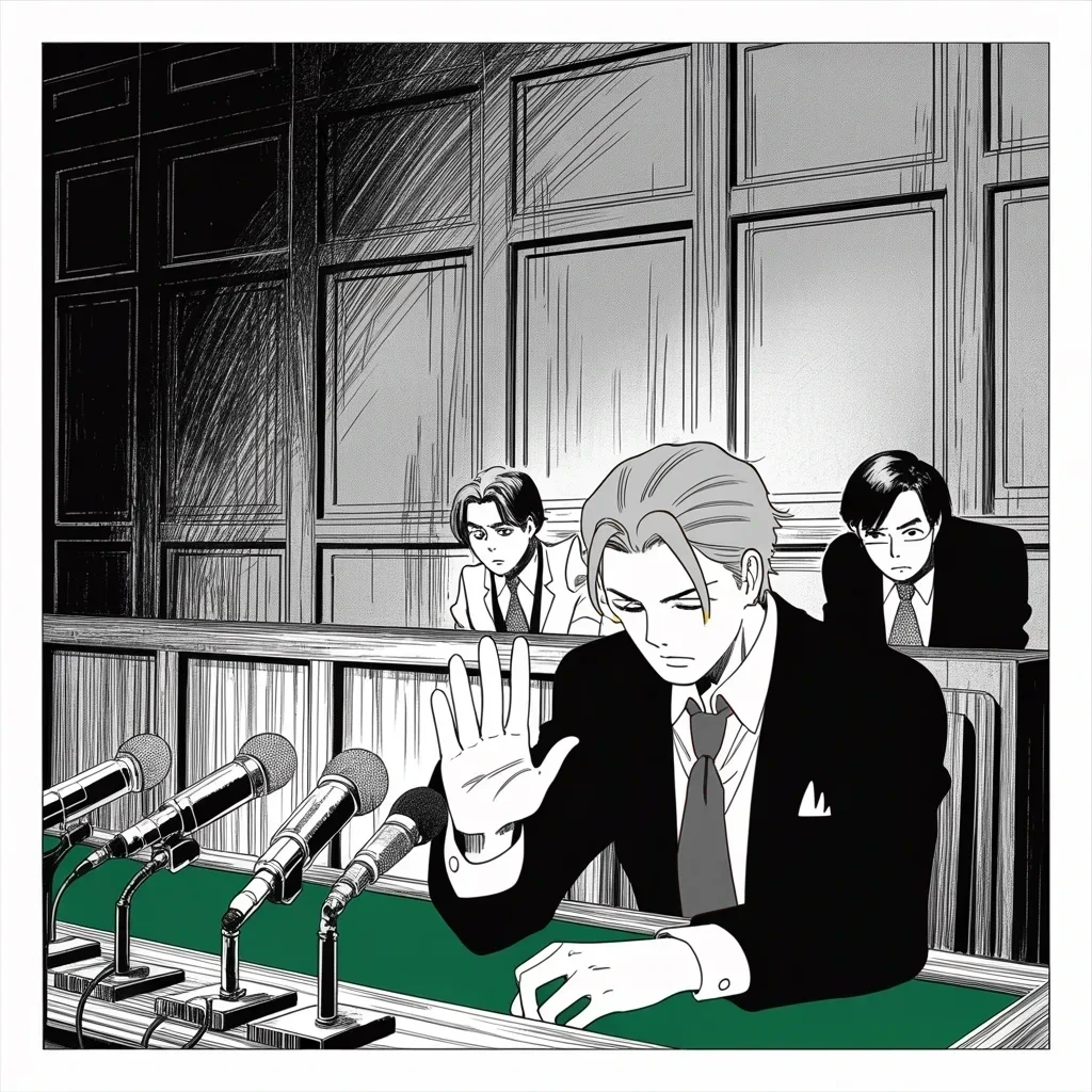 Manga panel 2 of 5, Week 123 “The Files”: In a capitol hearing room the men behind the dossier raise their right hands and take the fifth, and the question hangs: who paid for it?