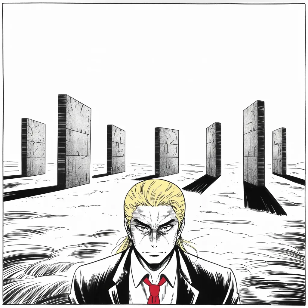 Manga panel 3 of 5, Week 123 “The Files”: Eight great slabs stand in the desert like monoliths as he surveys them — the wall auditioning for itself, one prototype at a time.