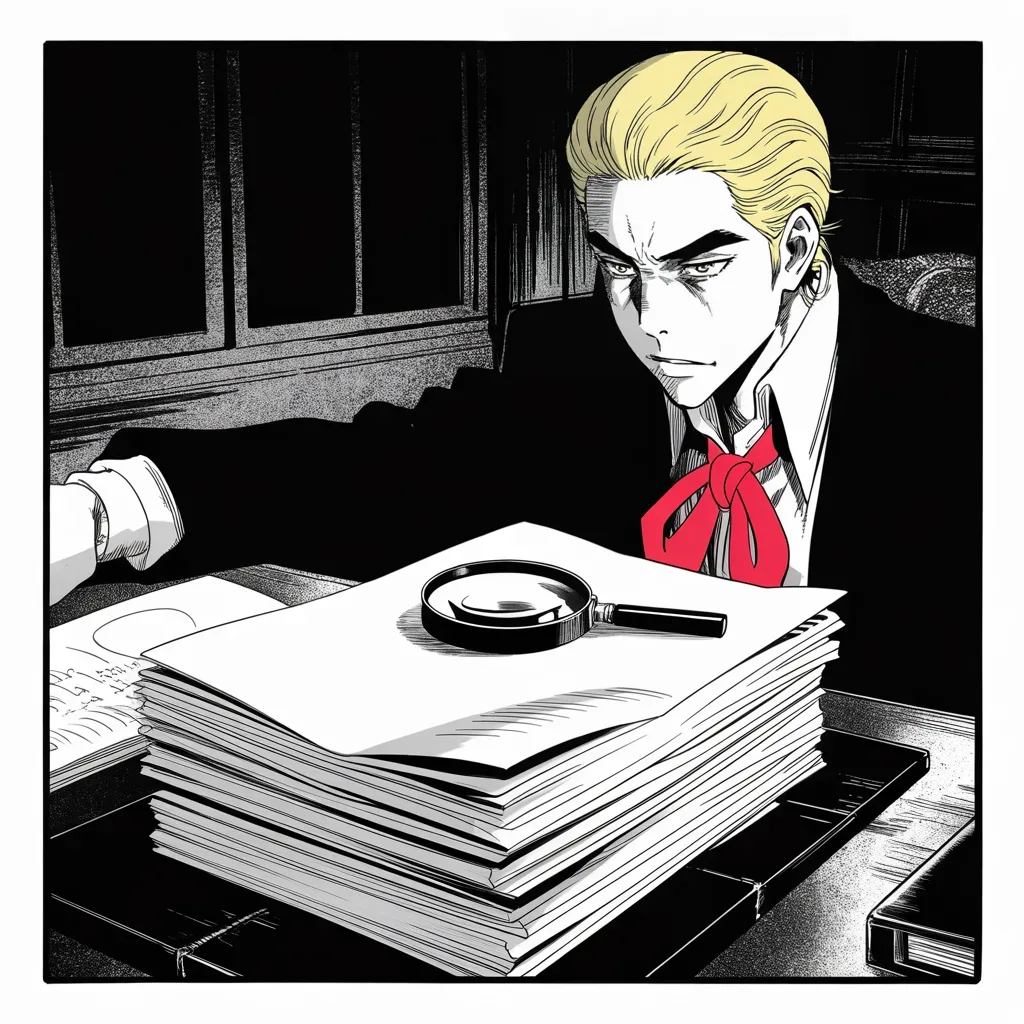 Manga panel 2 of 5, Week 124 “The Indictment”: He leans out of the dark over the dossier: its paymasters stand revealed as his rival's campaign, and his side erupts in vindicated fury.