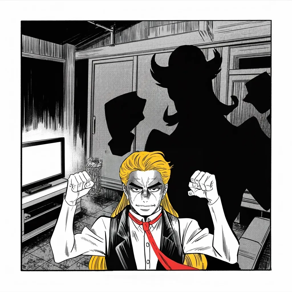 Manga panel 3 of 5, Week 124 “The Indictment”: One clean win between the storms: the budget passes, the road to the great tax cut opens, and both fists go up in the television light.