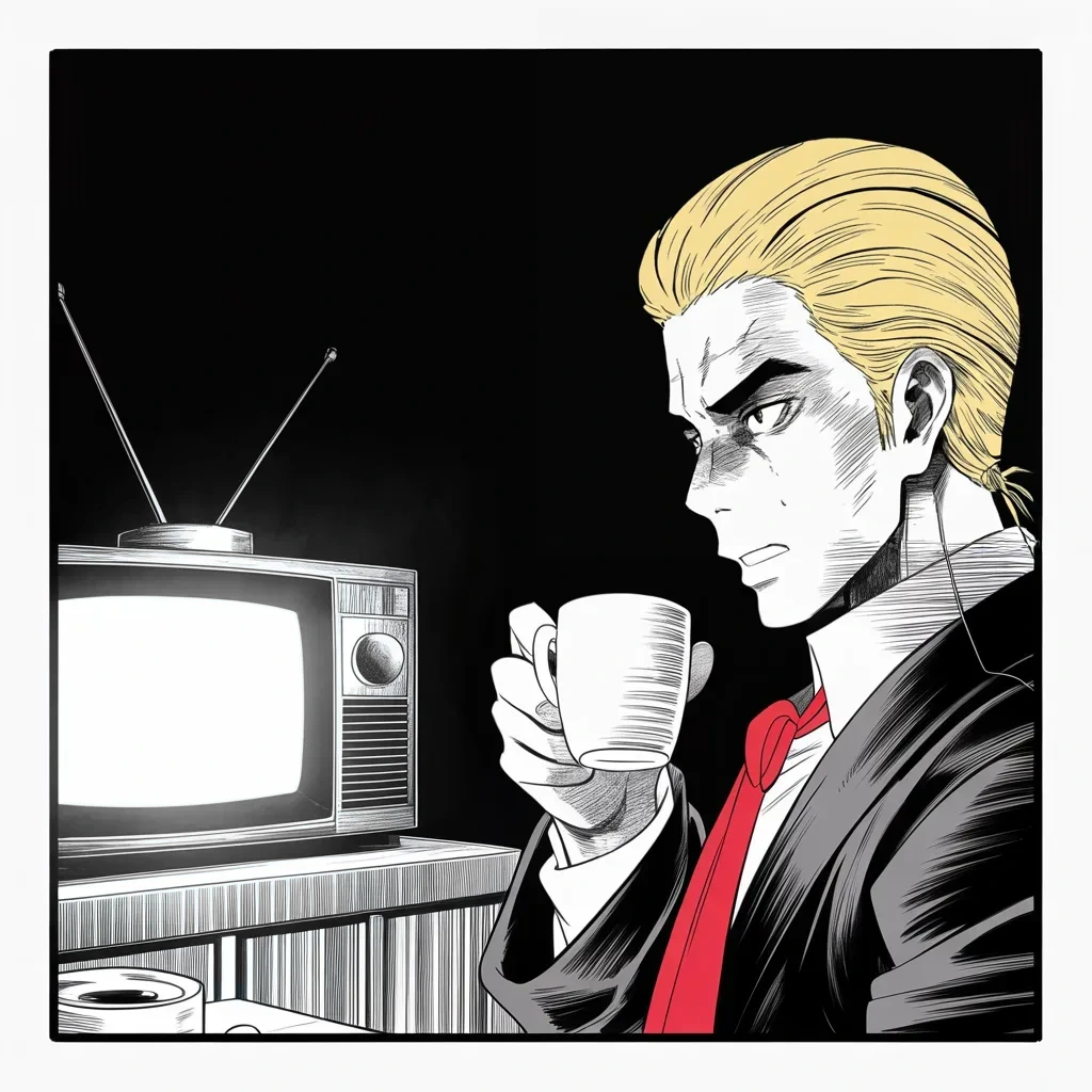 Manga panel 4 of 5, Week 124 “The Indictment”: Monday dawn, the television light goes cold: his old campaign chief is surrendering to the special counsel, and the cup stops halfway.