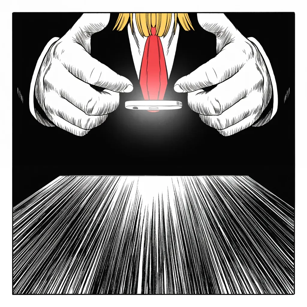 Manga panel 2 of 5, Week 125 “The Long Flight”: The weapon is drawn before midnight: extreme vetting, ordered by thumb, hours after the attack.