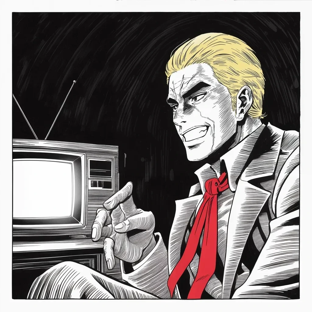 Manga panel 3 of 5, Week 125 “The Long Flight”: A gift from the enemy camp: the other kingdom's own chieftainess writes that the primary was rigged, and he grins into the television light.