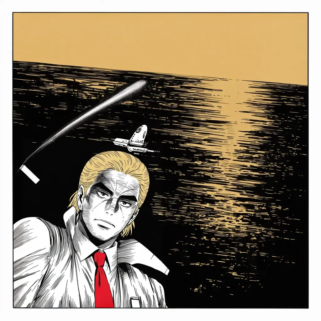 Manga panel 4 of 5, Week 125 “The Long Flight”: Westward: the long flight begins — Pearl Harbor, then Japan, Korea, China, Vietnam, the Philippines. At the far end of the road, the rocket man waits.