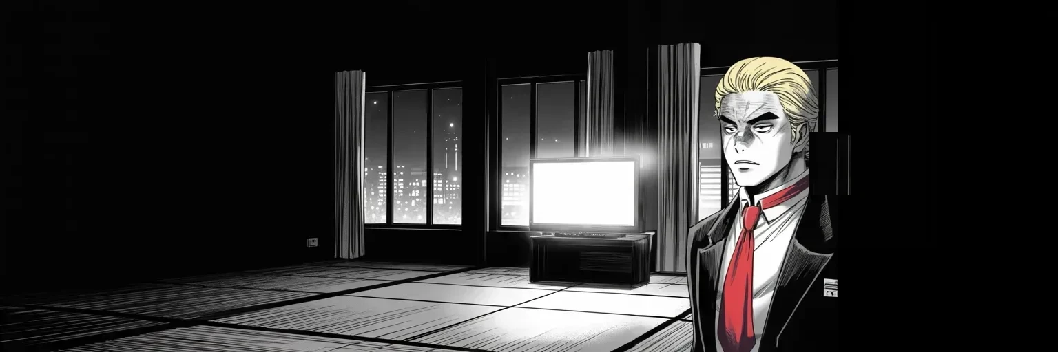 Manga panel 5 of 5, Week 125 “The Long Flight”: News from home reaches Tokyo in the night: a church in Texas, twenty-six dead at Sunday prayer. He watches from across the sea.