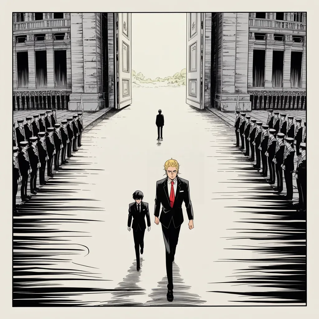 Manga panel 2 of 5, Week 126 “Short and Fat”: The Forbidden City opens its gates: an emperor's welcome, staged for a guest who measures the whole world in welcomes.