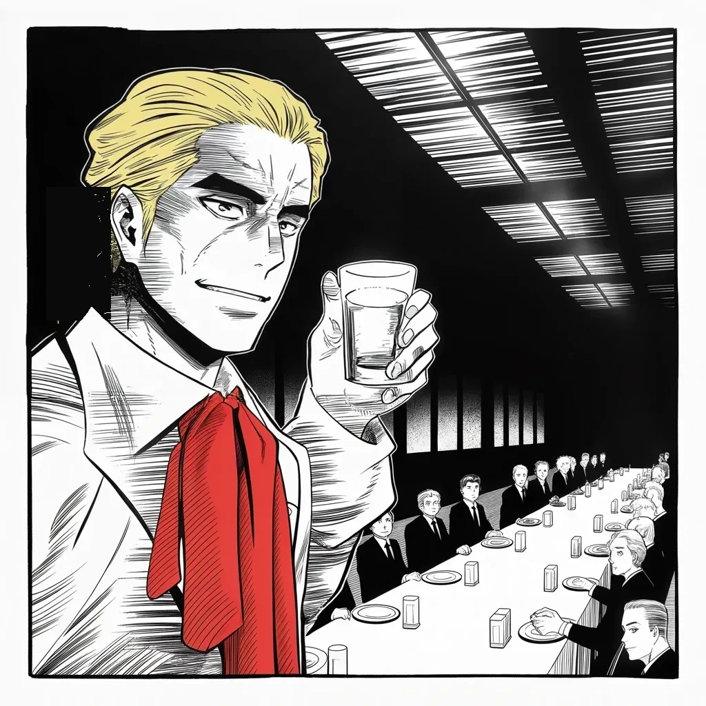 Manga panel 3 of 5, Week 126 “Short and Fat”: At the state banquet he raises his glass and absolves his host: he does not blame China — he blames the men who came before him.